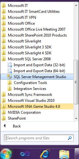 Start menu showing Microsoft SQL Server 2008 R2 and SQL Server Management Studio