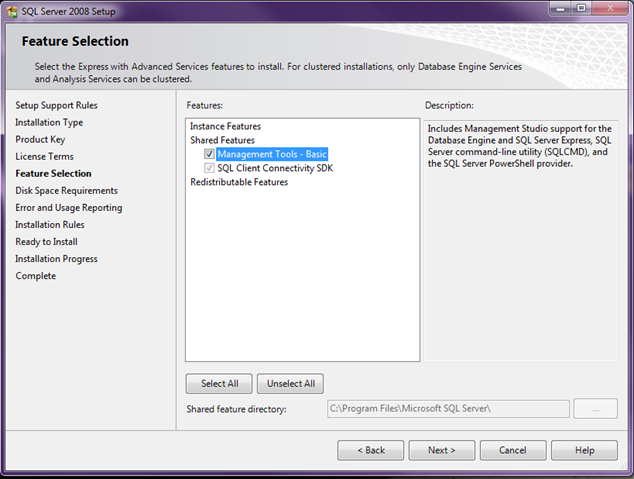 SQL Server 2008 R2 setup Feature Selection with Management Tools - Basic