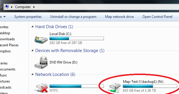 Windows Computer window showing the mapped network drive under Network Location