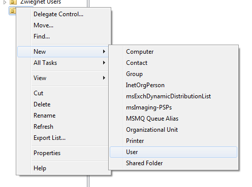 Add User to Active Directory: for this example, we are going to put the user in the “Test” OU, right click, and hit “new”, and then “user”