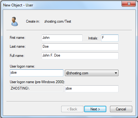 Add User to Active Directory: insert the user information accordingly