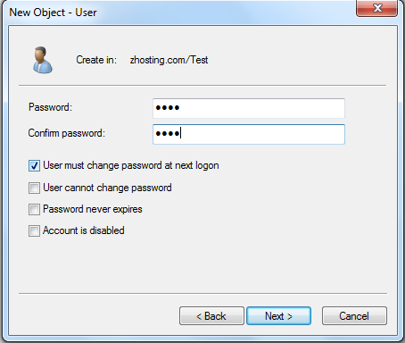 Add User to Active Directory: type in the password, and change any additional settings