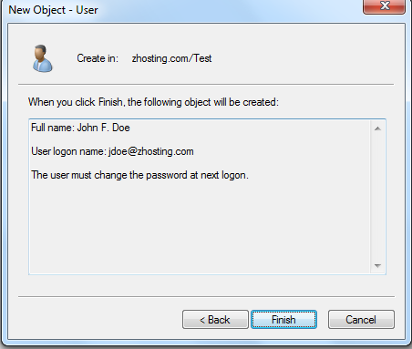 Add User to Active Directory: hit next