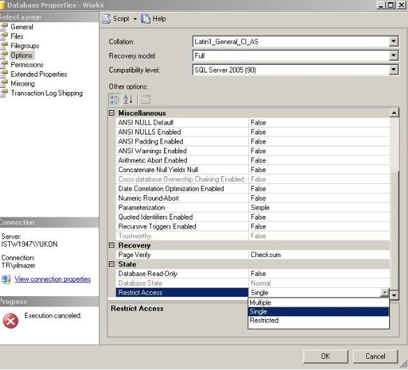 SQL Server Database Properties, Options page: Restrict Access dropdown showing Multiple, Single and Restricted