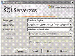 SQL Server Management Studio Express connect dialog for the WSUS internal database