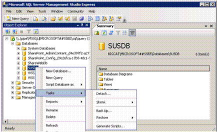 Management Studio right-click menu on SUSDB with Tasks, Detach