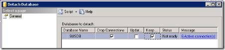 Detach Database dialog with Drop Connections checked