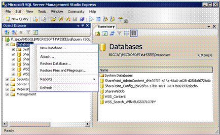 Management Studio Databases right-click menu with Attach