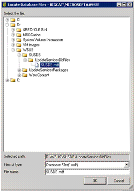 Attach Databases dialog adding SUSDB.mdf from the new drive