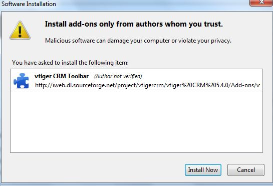 vTiger toolbar: go ahead and install the plugin at a time that works best