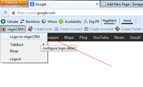 vTiger toolbar: go ahead and click on vTiger CRM, and click login to CRM