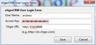vTiger toolbar: enter your username, server address, and the Access key (access key can be generated from the admin…