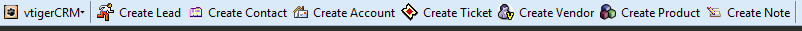 vTiger toolbar: once signed in, all options become available such as creating leads, and contacts