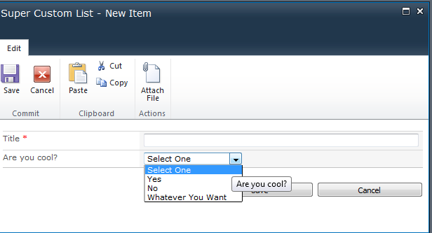 Create a SharePoint 2010 Custom List: as you can see, here’s our custom form, working, and asking the questions we need it to.