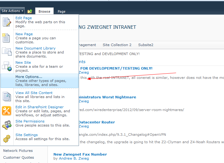 Create a SharePoint 2010 Custom List: Click on “Site Actions” and “more options”