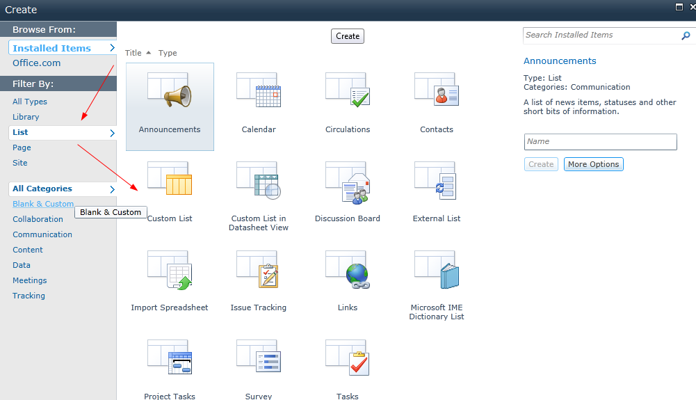 Create a SharePoint 2010 Custom List: From Here, select List, and then Custom List