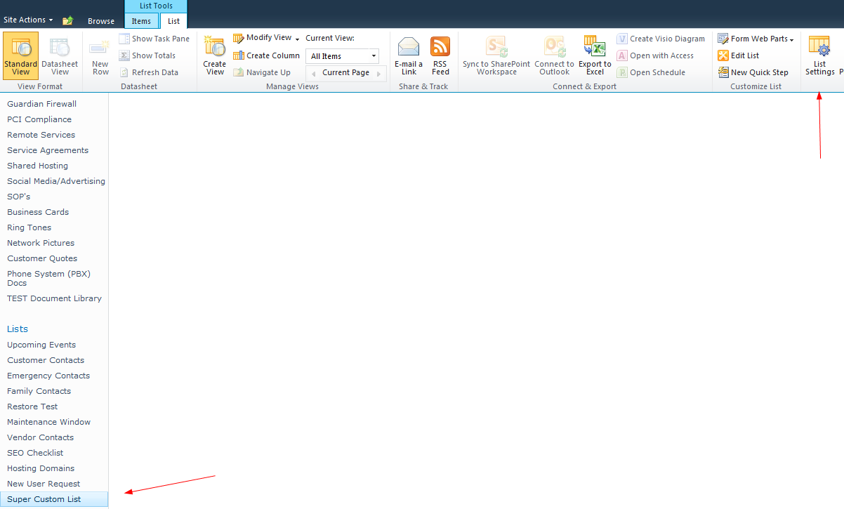 Create a SharePoint 2010 Custom List: from here you can get to your list from the right of your SharePoint Site