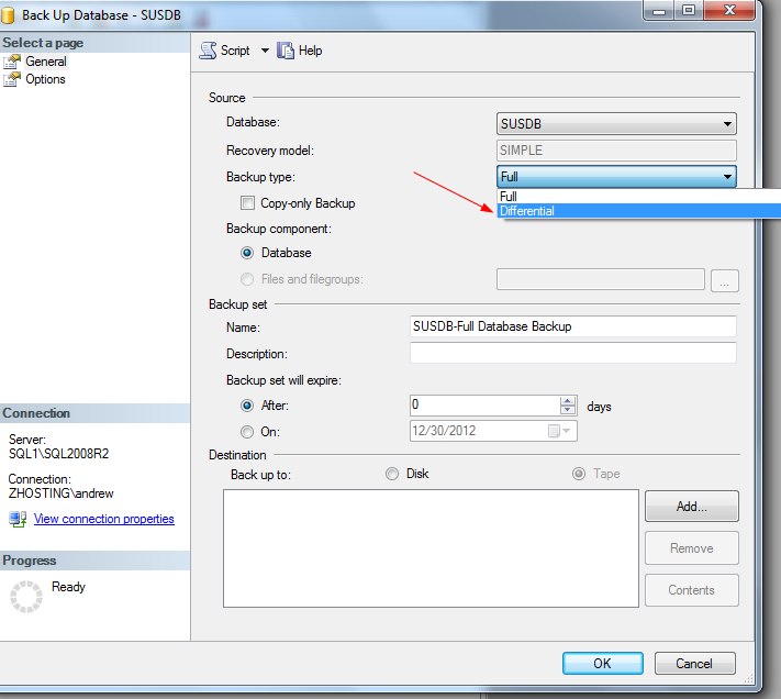 SQL differential backup: Let’s Change the type from Full to Differential (takes only what’s changed since last full backup)