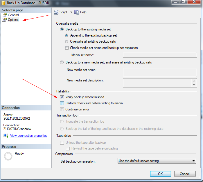 SQL differential backup: Since We are Outstanding DBA’s, were going to go to “options” and then select “verify”