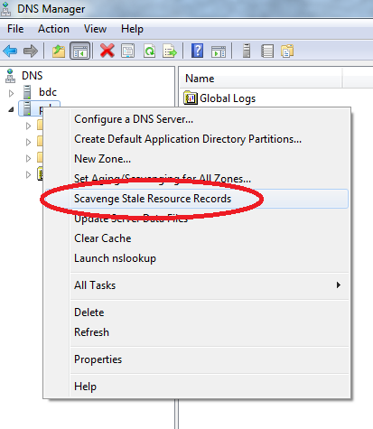 Enable DNS Scavenging Windows Server: go into your DNS settings