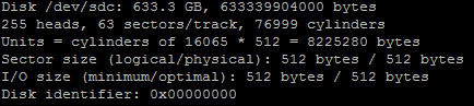 fdisk output showing /dev/sdc resized to 633.3 GB