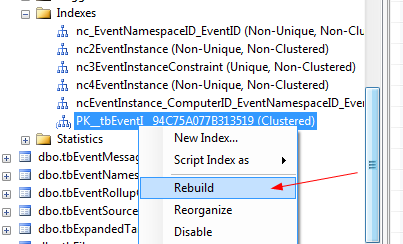 SQL Server reindex: Expand Indexes, if we want to rebuild the indexes on one field, right click, and hit rebuild