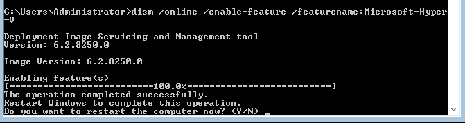 Hyper-V install: dism /online /enable-feature /FeatureName:Microsoft-Hyper-V