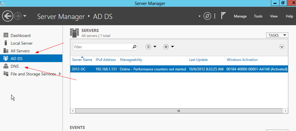 Domain controller setup: as you can see, the directory services and DNS have been installed