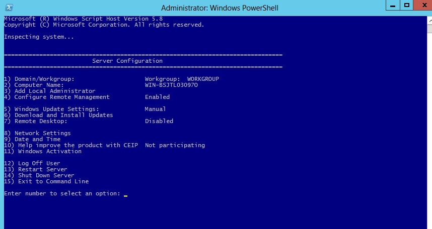 Domain controller setup: open powershell and type “sconfig”