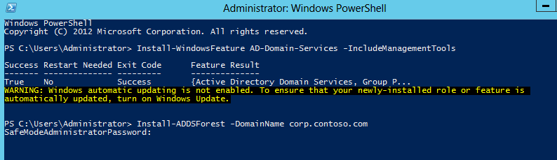 Domain controller setup: Install-ADDSForest -DomainName corp.contoso.com (or whatever you want for your internal domain name)