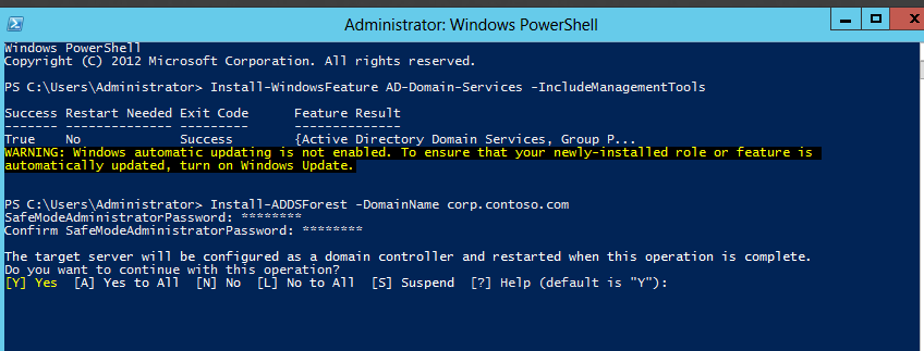 Domain controller setup: type in the safe mode password and confirm it