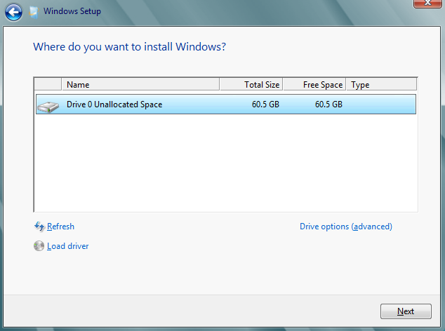 Server 2012 Core install: Setup you partitions and disks as necessary