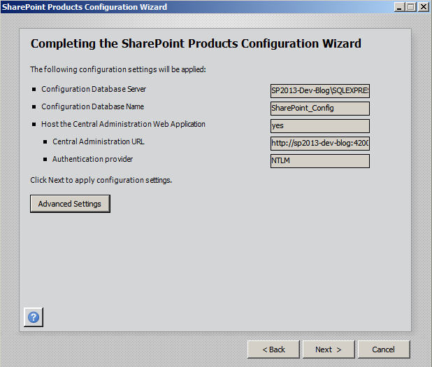SharePoint 2013 install: Review your final settings, and confirm