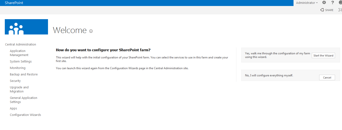 SharePoint 2013 install: once completed, the Farm Configuration wizard should pop up