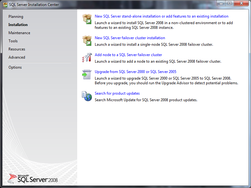 Install SQL Management Studio 2008R2: switch to the installation part of the wizard from the left panel