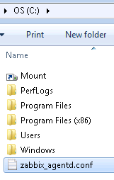 Zabbix Windows agent install: open the extracted folder, browse to config, copy the config to the root of C