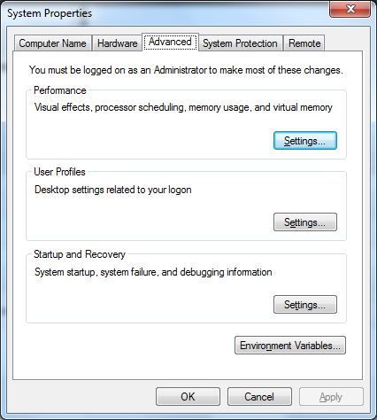 Pagefile move: select the “advanced” tab