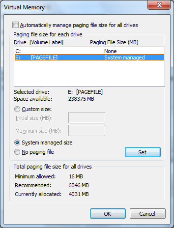 Pagefile move: set the page file for the D/E drive by selecting the drive, and hit “system managed size”