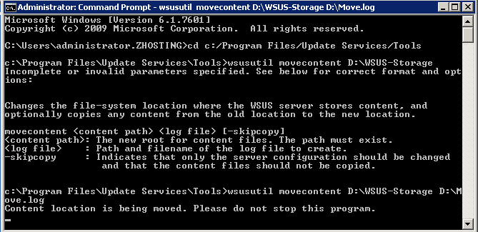 Move WSUS to another Hard Drive: wsusutil movecontent D:/WSUS-Storage D:/Move.log