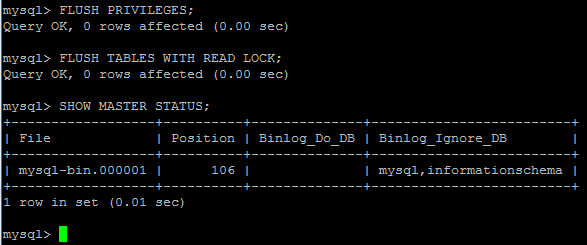 MySQL FLUSH TABLES WITH READ LOCK and SHOW MASTER STATUS showing the binlog file and position