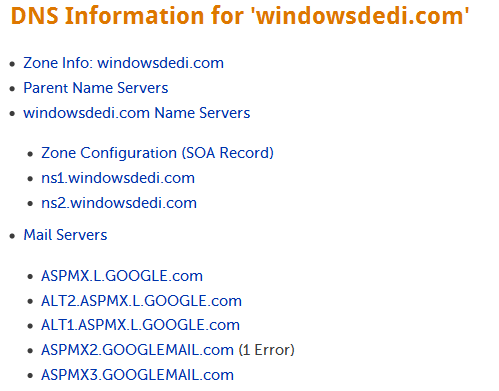 Pingability DNS report listing the Gmail mail servers for the domain