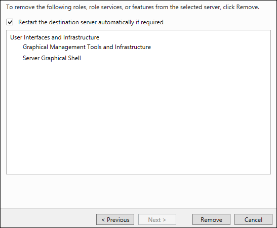 Confirmation page removing Graphical Management Tools and Infrastructure and Server Graphical Shell