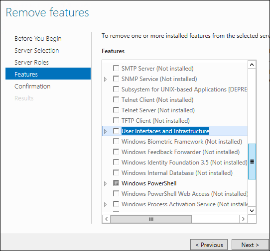 Remove Features page with User Interfaces and Infrastructure being cleared