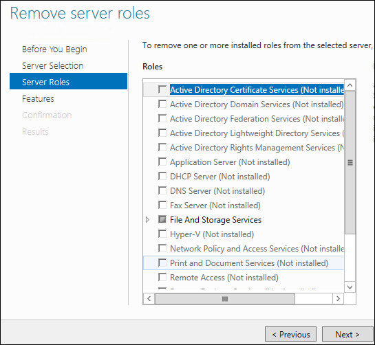 Remove Server Roles page of the Remove Roles and Features wizard (no role change needed)