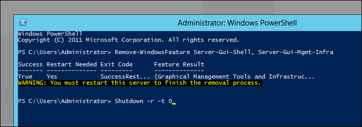 Remove-WindowsFeature result asking for a restart, followed by Shutdown -r -t 0