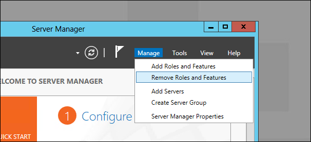 Server Manager Manage menu with Remove Roles and Features selected