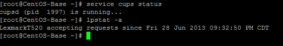 service cups status and lpstat -a showing CUPS running and the printer accepting requests