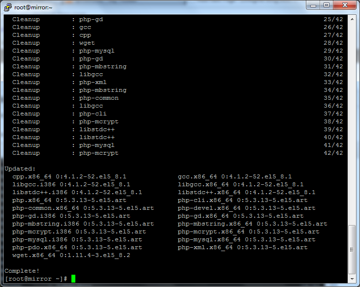 Terminal output listing packages as the CentOS update completes