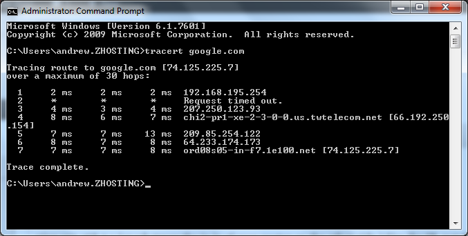 tracert google.com completing in 7 hops from the 192.168.195.254 gateway