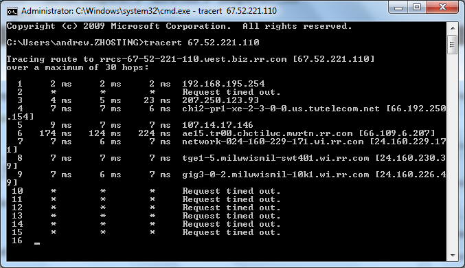 tracert to 67.52.221.110 showing Request timed out after hop 9, pointing to the failing hop